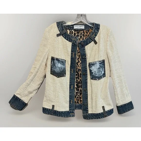 Dolce & Gabbana Jacket Denim Linen Leopard Italy Women's Eu 40 US 6 - Picture 1 of 16